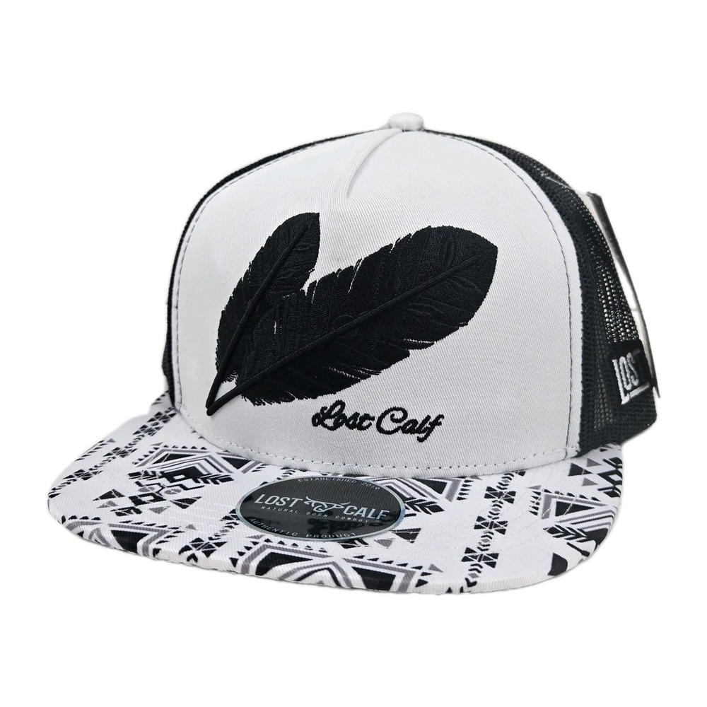 Lost Calf Feather Trucker Hat 5 Panel White w Black Mesh & Tribal Flat Bill NWT
